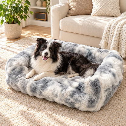 Border collie in the Silver Grey fluffy dog sofa bed with marbled faux fur