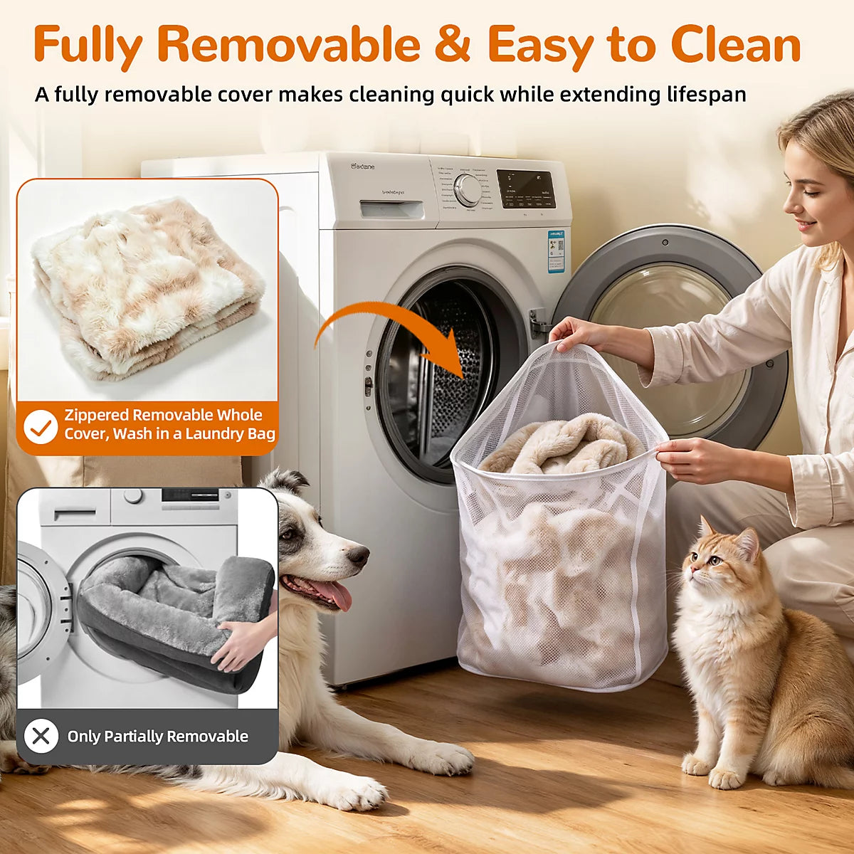 Zippered removable cover of the dog sofa bed going into a laundry bag and washing machine
