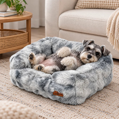 Schnauzer lying on its back in the Silver Grey fluffy dog sofa bed