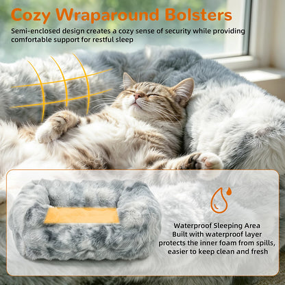 Cat resting against the wraparound bolster of the Silver Grey sofa bed, waterproof inner layer