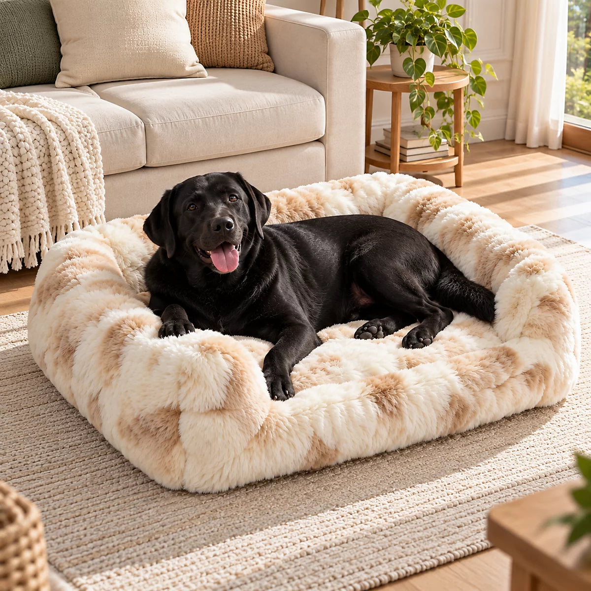 Black Labrador in the XL Ivory Cream fluffy dog sofa bed