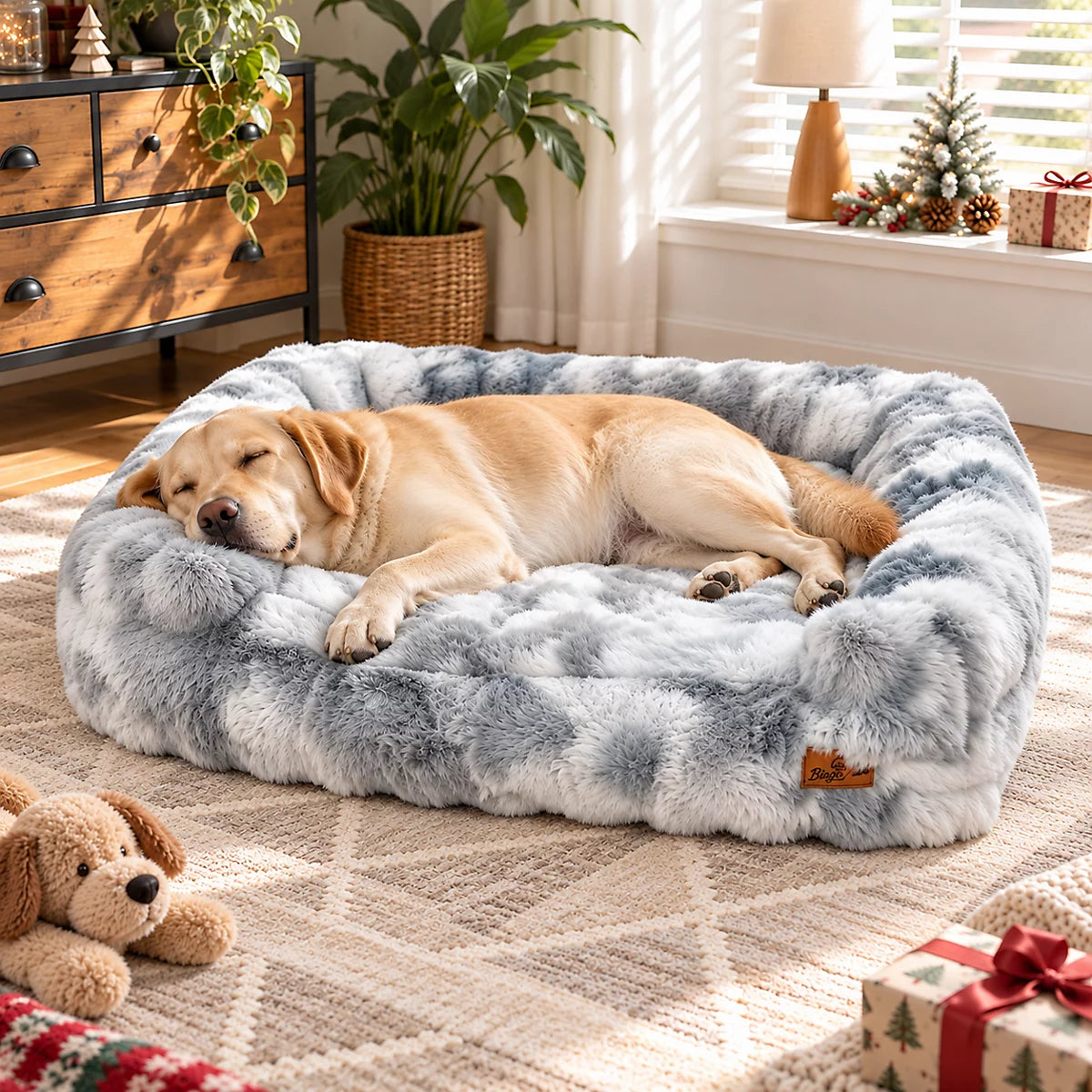 Golden retriever asleep in the XL Silver Grey fluffy dog sofa bed
