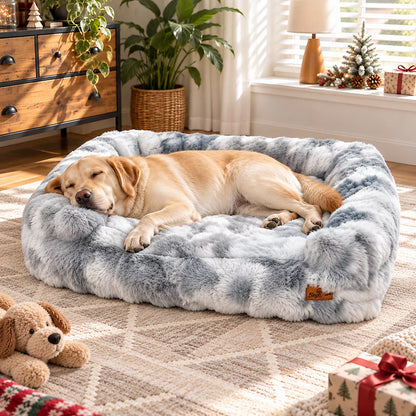 Golden retriever asleep in the XL Silver Grey fluffy dog sofa bed