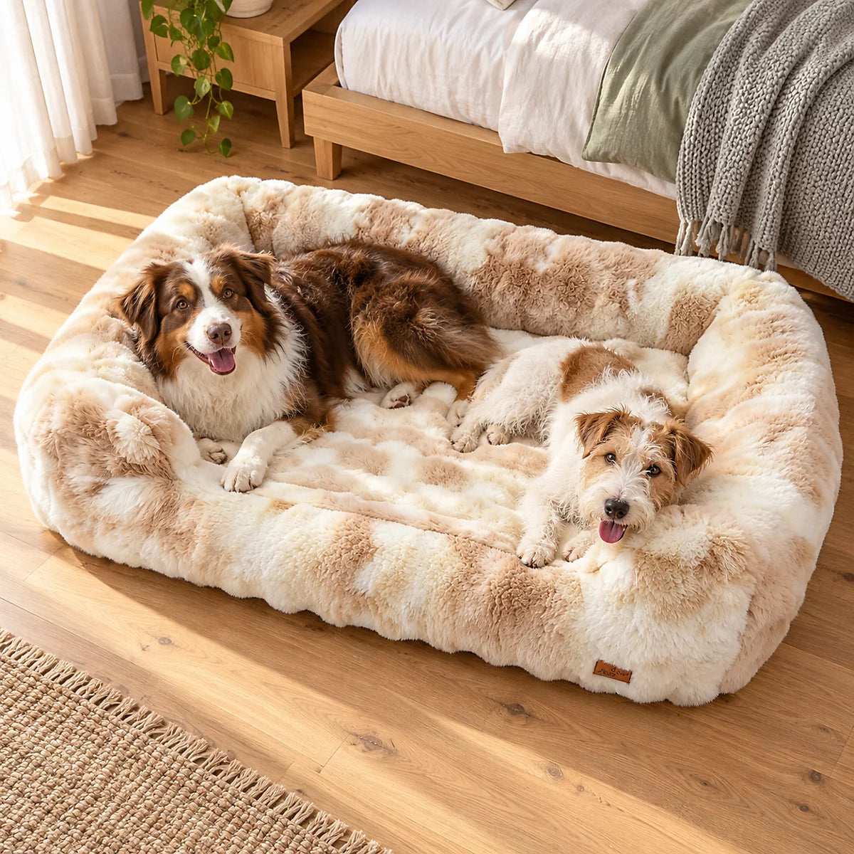 Two dogs sharing the 2XL Ivory Cream fluffy dog sofa bed
