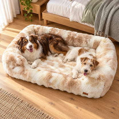 Two dogs sharing the 2XL Ivory Cream fluffy dog sofa bed