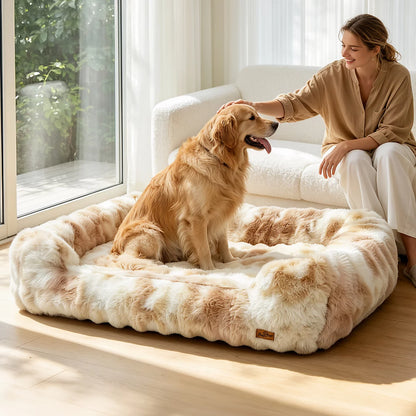 Golden retriever sitting in the Ivory Cream dog sofa bed next to its owner