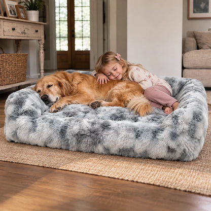 Golden retriever and girl resting in the large Silver Grey dog sofa bed