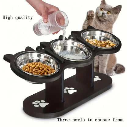 Elevated Cat Feeder with 3 Dish Stainless Steel Bowls