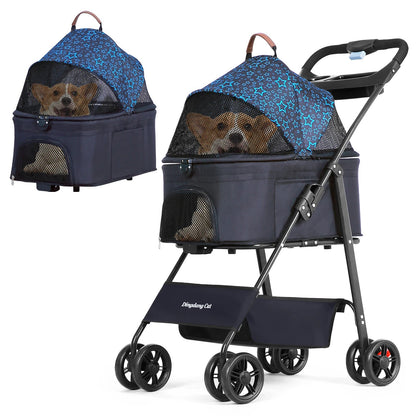 Collapsible Pet Stroller with Large Storage Basket