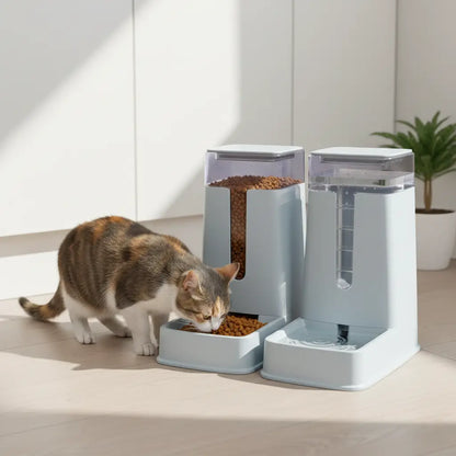 cat eating from gravity pet feeder with water dispenser next to it in a modern house