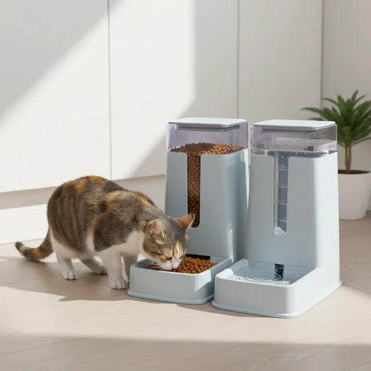 cat eating from gravity pet feeder with water dispenser next to it in a modern house
