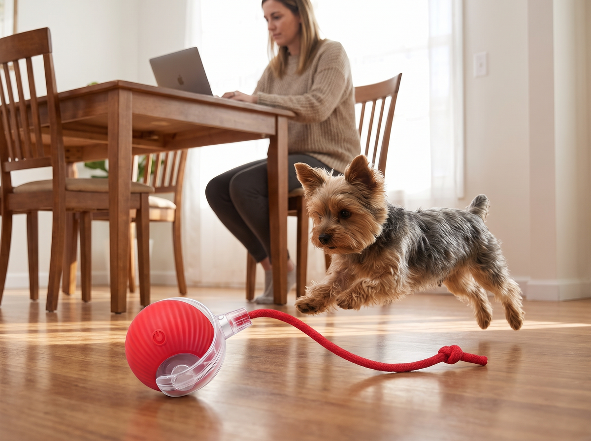 Yorkshire terrier pouncing on the red rolling ball while its owner works at a laptop