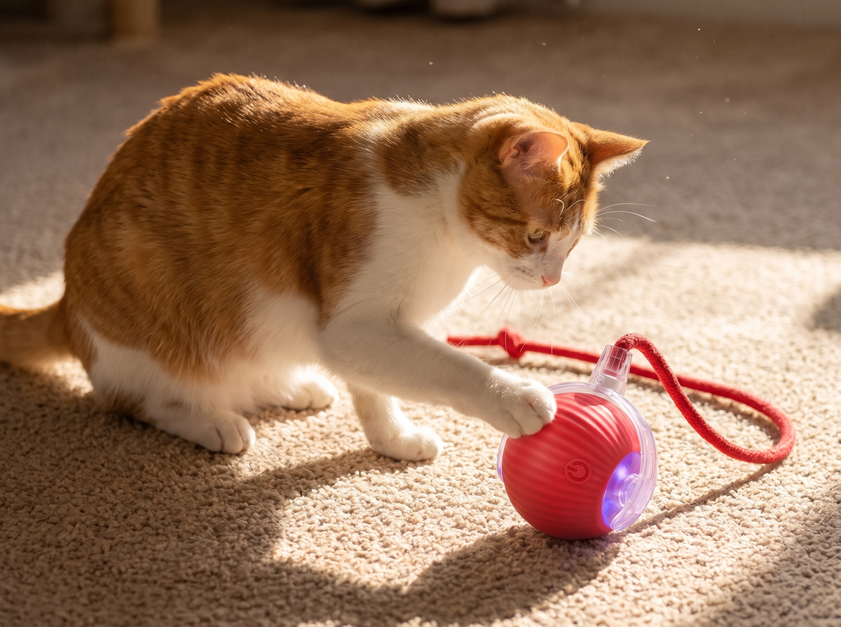 Cat batting the red interactive ball on a carpet in slow mode with purple light