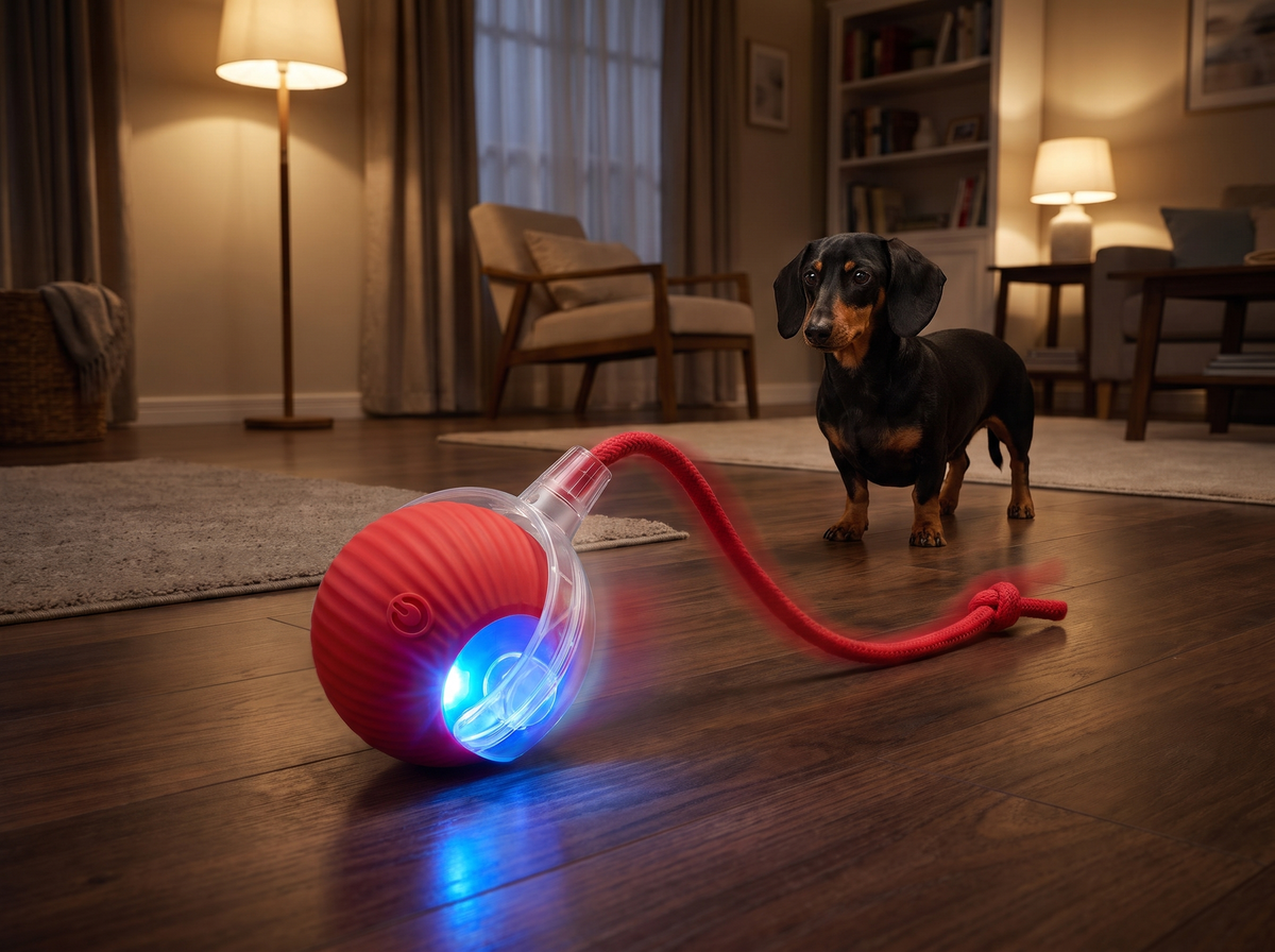 Red ChaseBall glowing blue as it rolls across a wooden floor with a dachshund watching