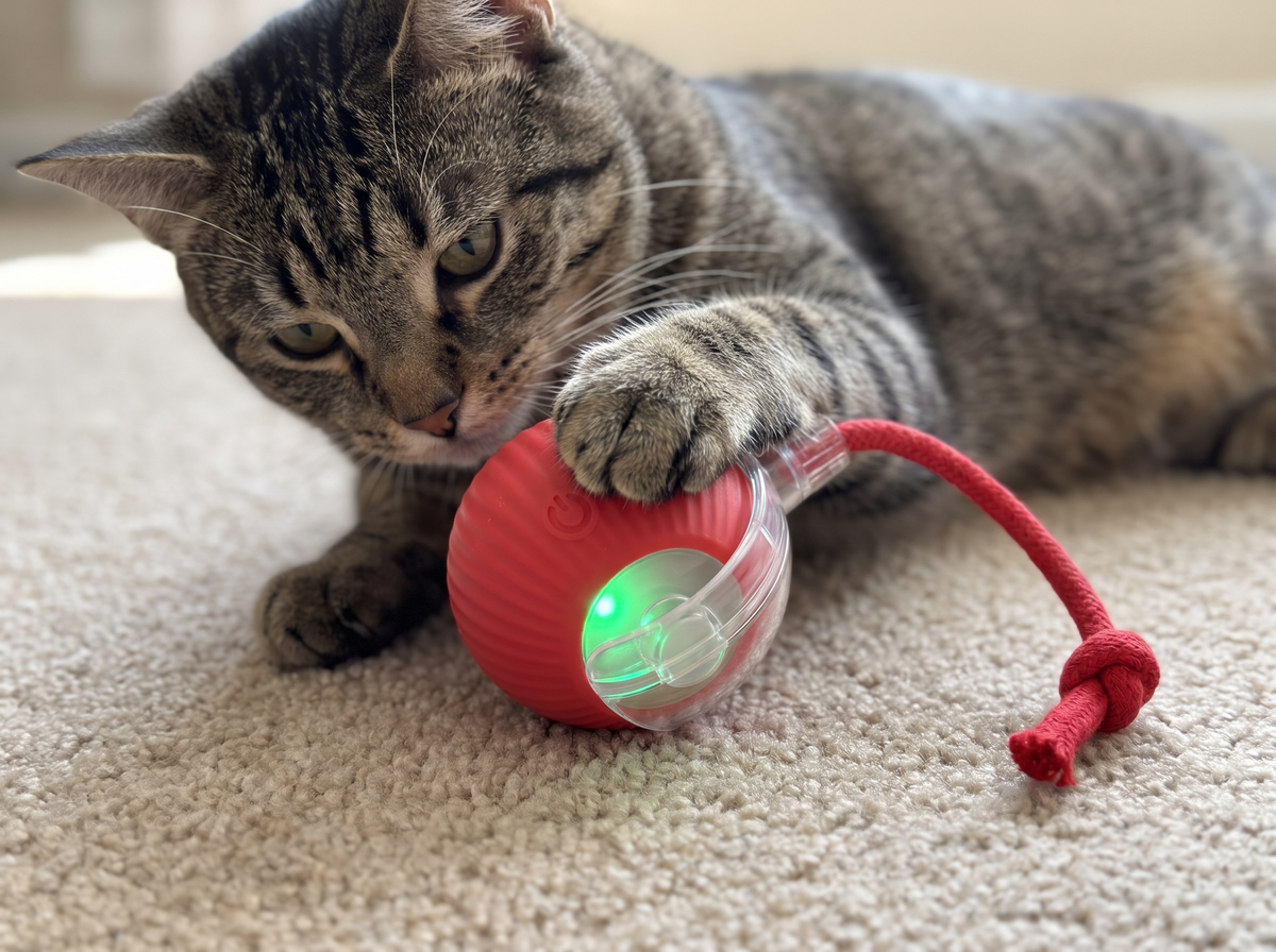 Tabby cat touching the red ChaseBall to wake it from standby, green light glowing