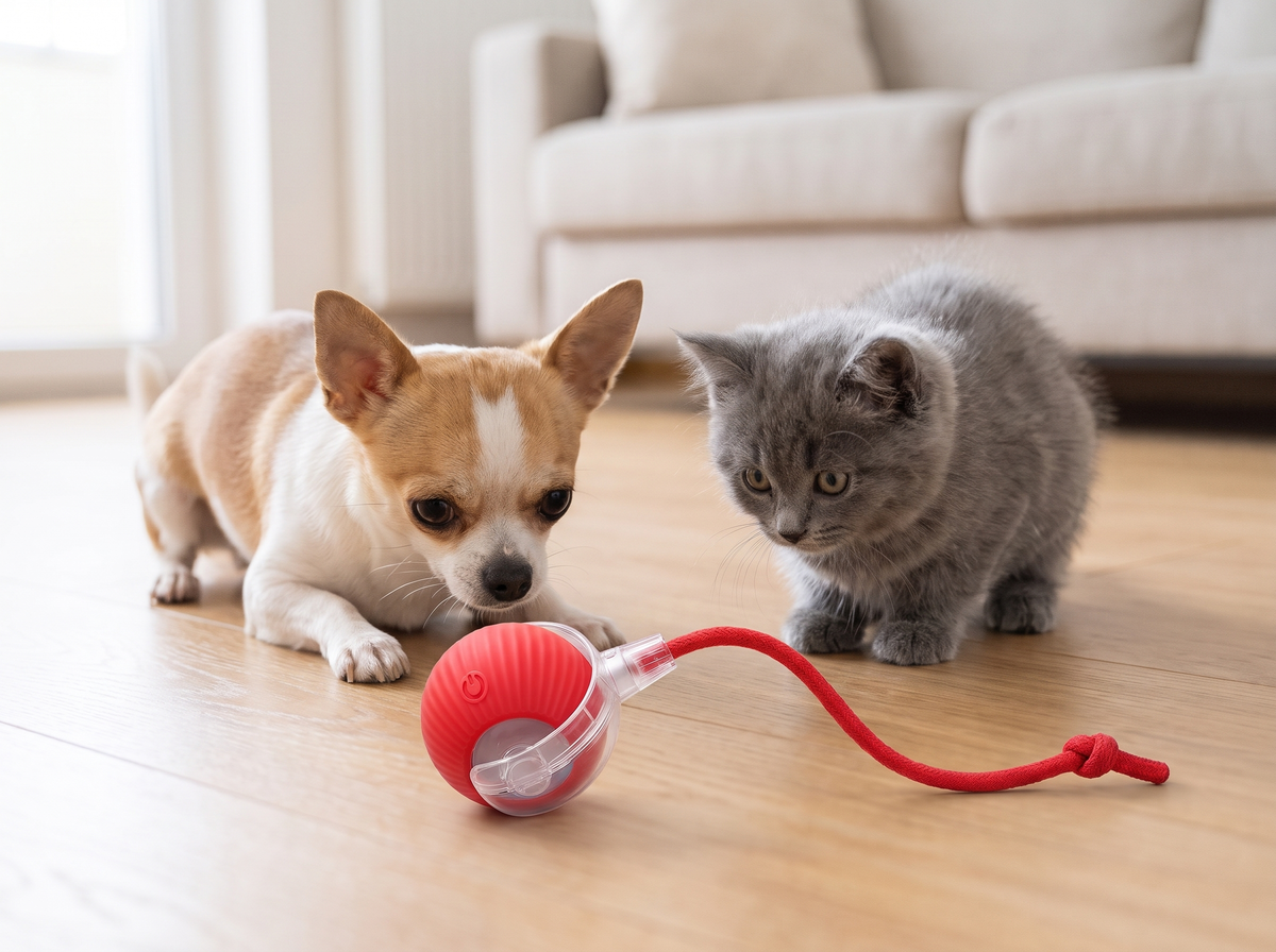 Chihuahua and grey kitten watching the red interactive ball on a wooden floor