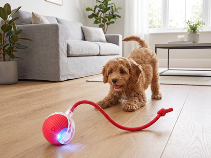 Cavapoo puppy chasing the red ChaseBall self-rolling ball with rope tail in a living room