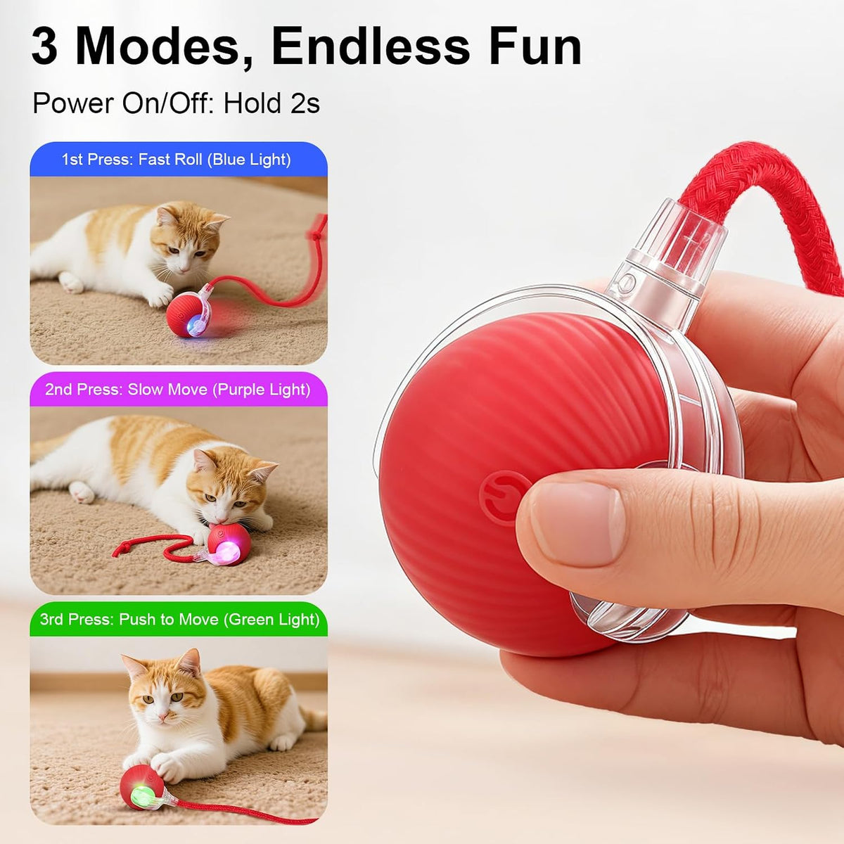 ChaseBall 3 play modes: fast roll blue light, slow move purple light, push to move green light