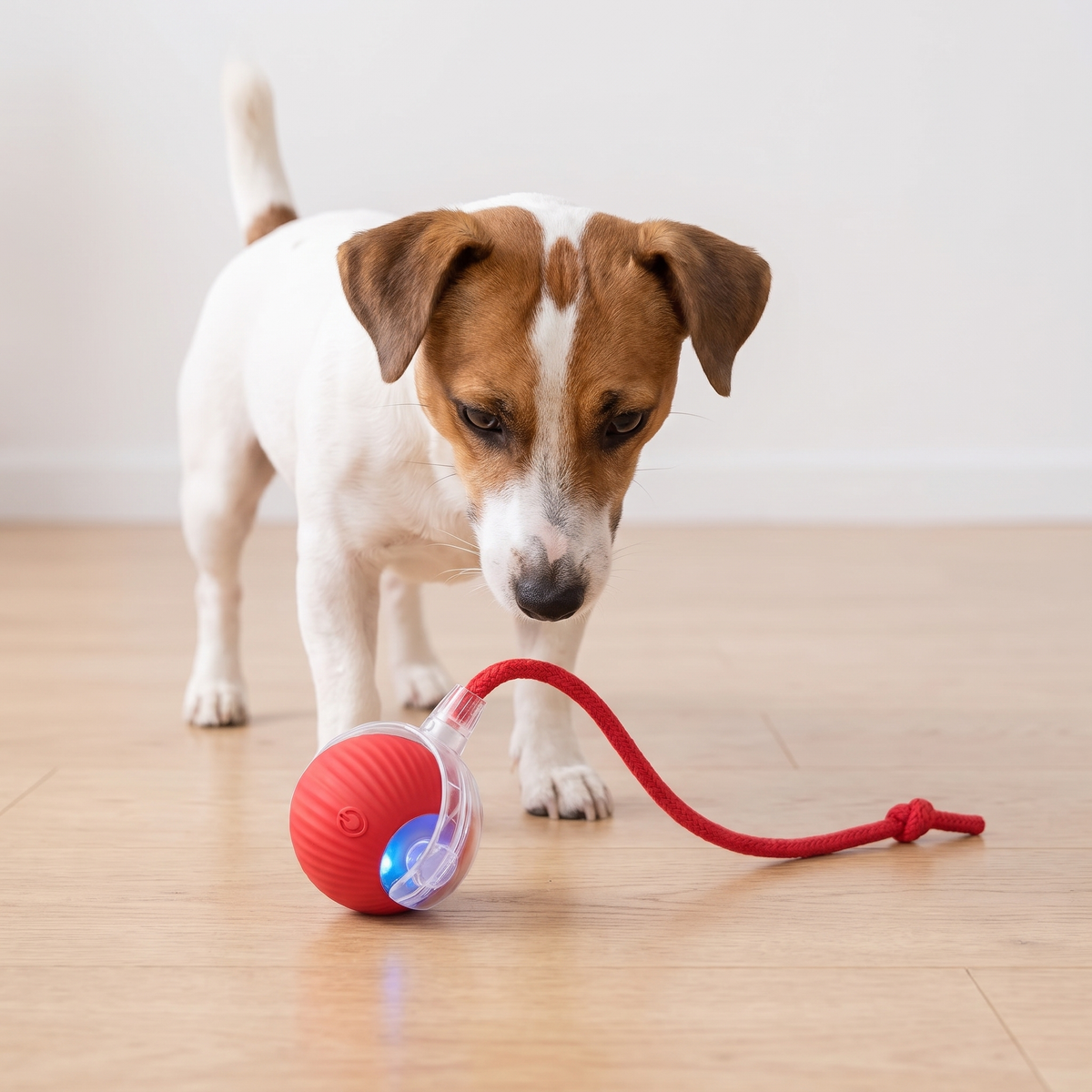 Jack Russell terrier looking at the red ChaseBall interactive dog toy ball with rope tail