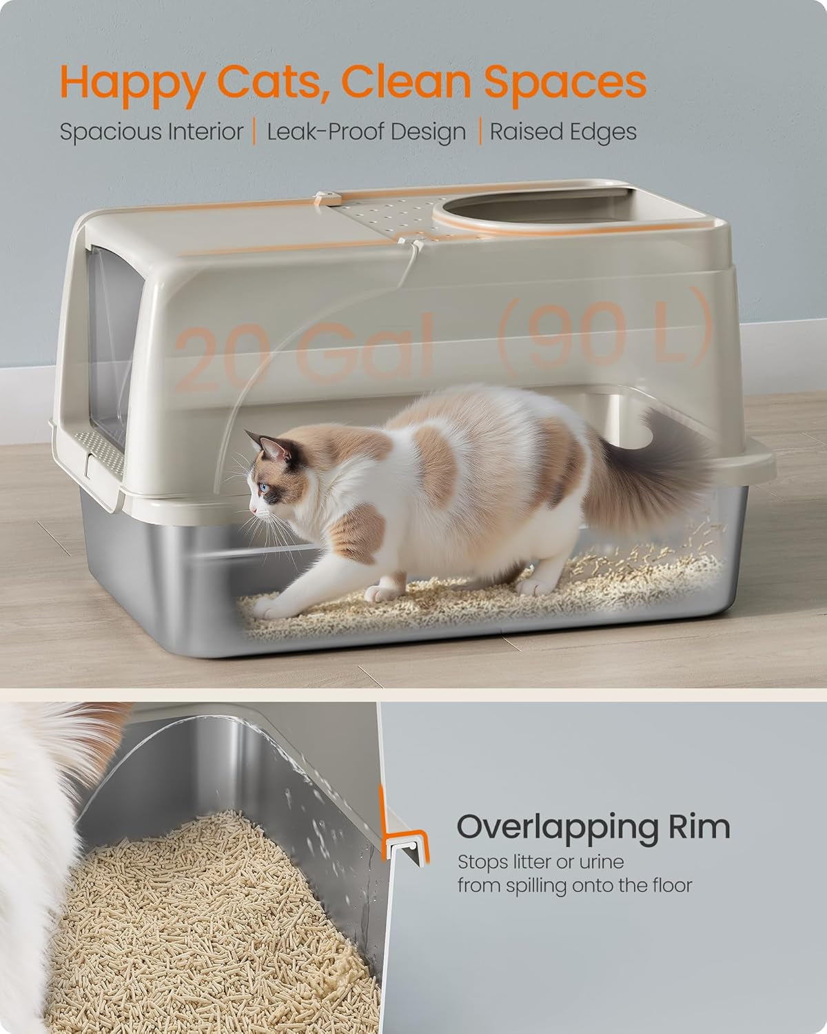 Stainless Steel Cat Litter Box with Flip Lid, XL Enclosed Litter Box with Leak-Proof Design, Scoop, Brush, Dual Entry, for Cats up to 15 kg, Cappuccino Beige PPT005K01