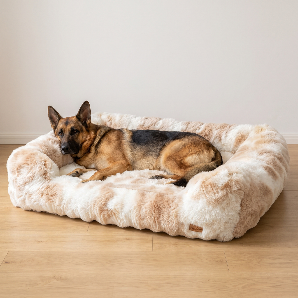 German Shepherd in the size 2XL Ivory Cream fluffy dog sofa bed, extra large dog bed