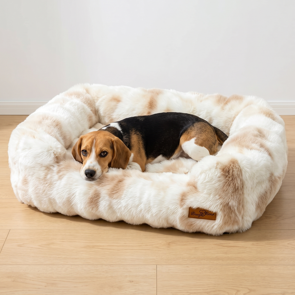 Beagle in the size L Ivory Cream fluffy dog sofa bed, medium dog bed with bolsters