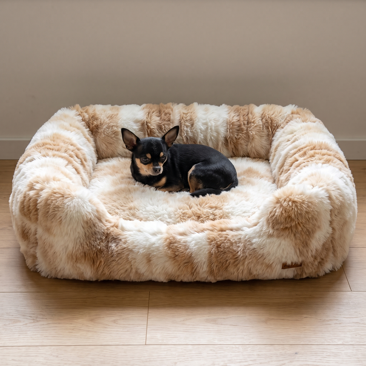 Black and tan chihuahua in the size M Ivory Cream fluffy dog sofa bed, small dog bed with bolsters