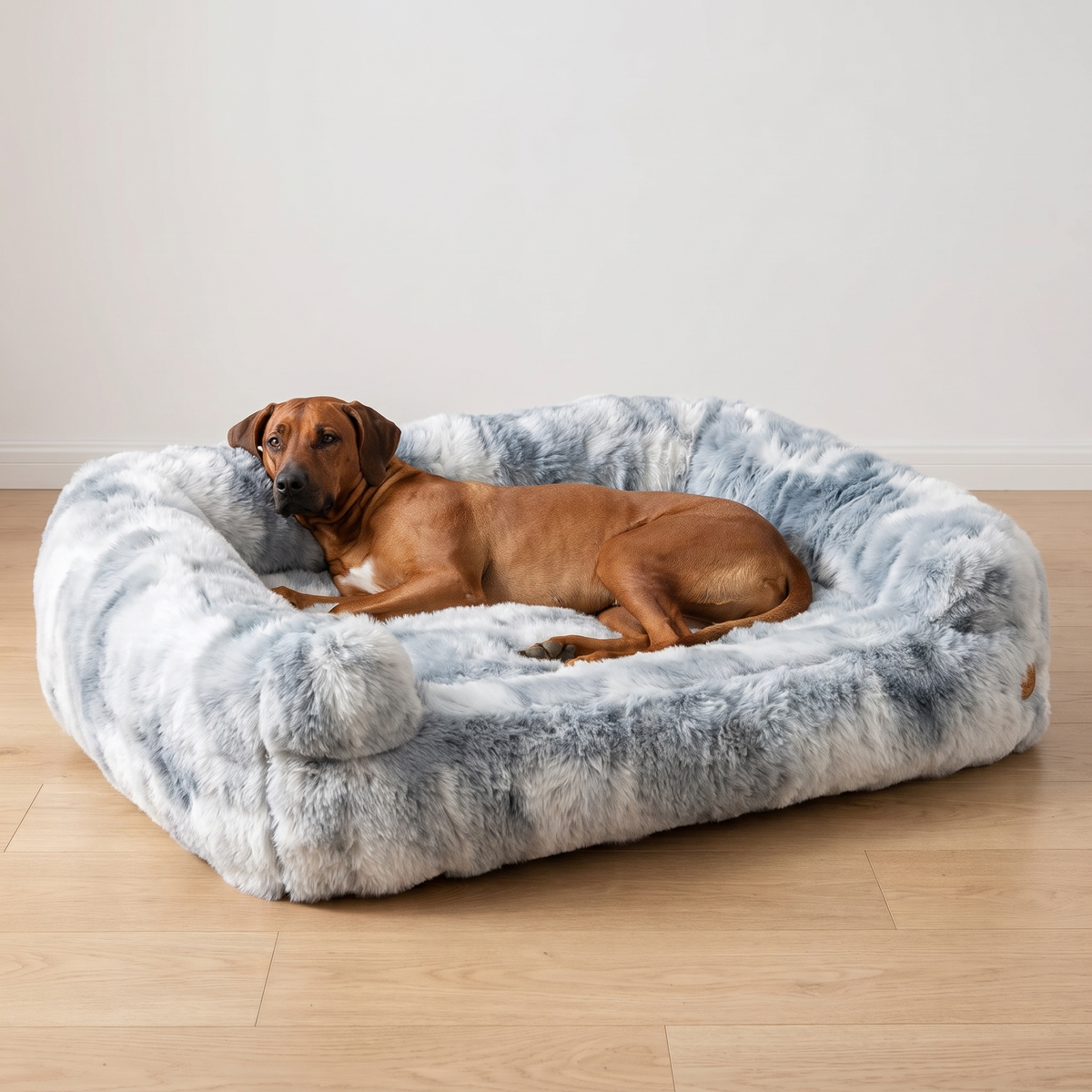 Rhodesian Ridgeback in the size 2XL Silver Grey fluffy dog sofa bed, extra large dog bed