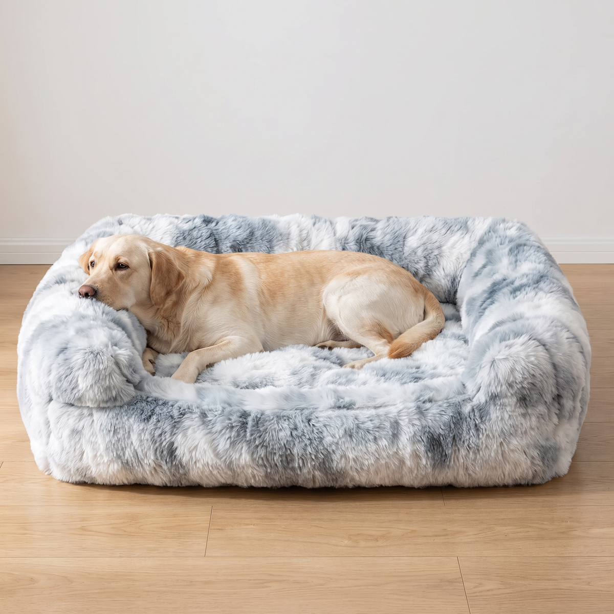Golden retriever in the size XL Silver Grey fluffy dog sofa bed, large dog bed with bolsters