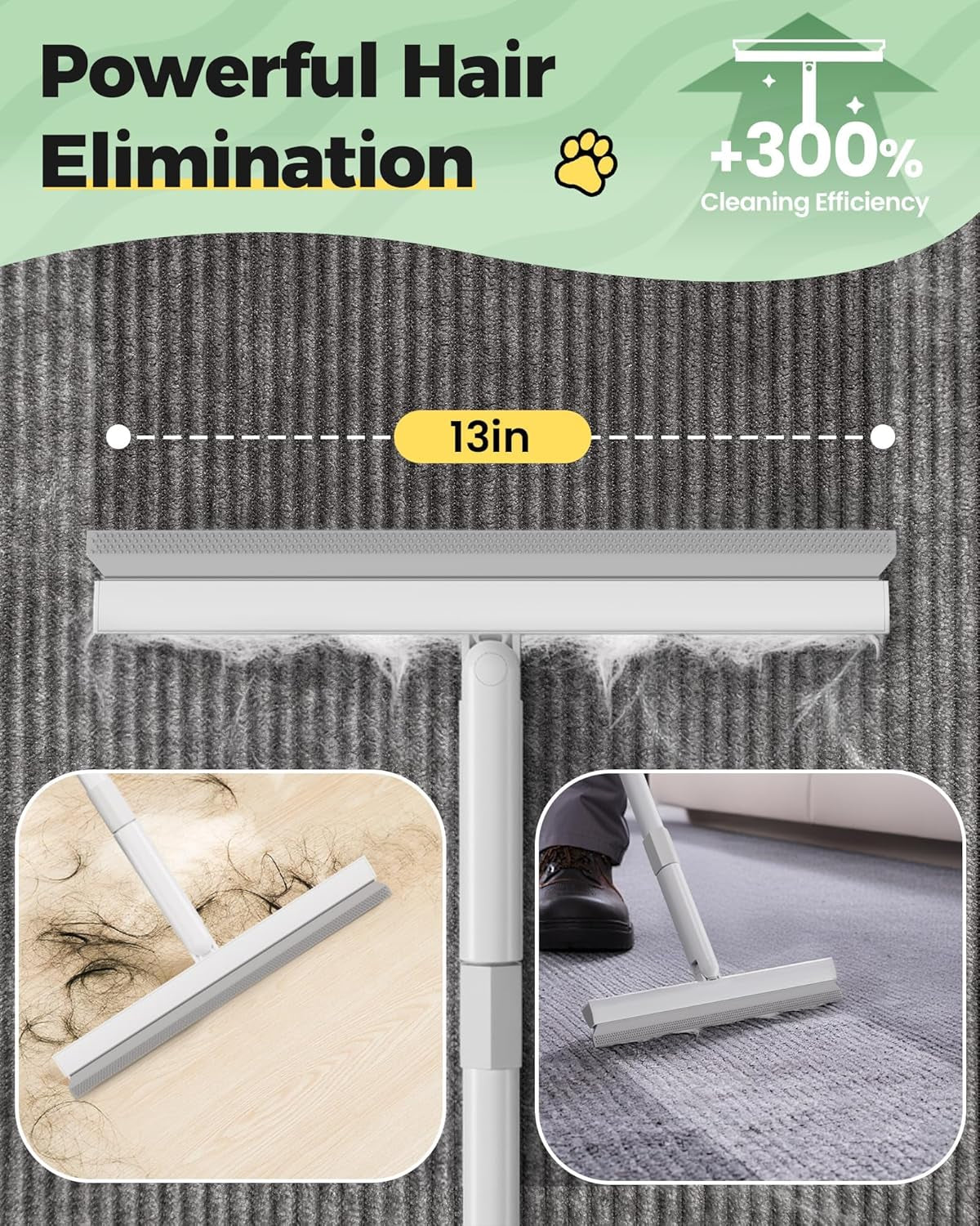 4 in 1 Carpet Rake Kit for Pet Hair Removal Tool - Pet Hair Remover For Couch Floor Mat Carpet, Contain Pet Hair Removal Glove, Magic Brush, Scraper and 60" Adjustable Rubber Broom for Quick Clean