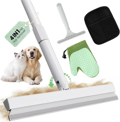 4 in 1 Carpet Rake Kit for Pet Hair Removal Tool - Pet Hair Remover For Couch Floor Mat Carpet, Contain Pet Hair Removal Glove, Magic Brush, Scraper and 60" Adjustable Rubber Broom for Quick Clean
