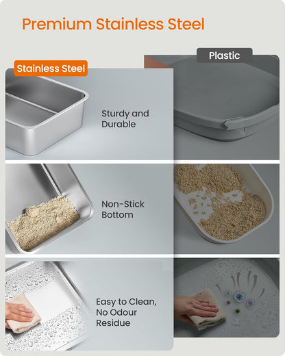 Stainless Steel Cat Litter Box with Flip Lid, XL Enclosed Litter Box with Leak-Proof Design, Scoop, Brush, Dual Entry, for Cats up to 15 kg, Cappuccino Beige PPT005K01