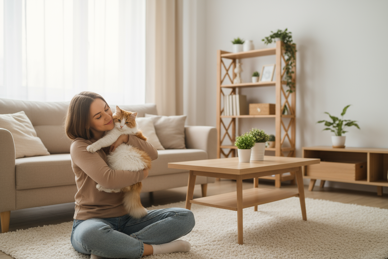 Generate a background image for the homepage hero section showing a woman hugging her cat in a cozy modern living room.
Composition: wide layout with open central space for headline and CTA overlay.
Scene: natural daylight, soft warm tones (beige, cream, light wood).
The woman is smiling or gently closing her eyes, holding her cat lovingly in a peaceful, intimate moment.
Background: elegant minimalist living room — sofa, rug, plants, soft lighting — no pet products visible.
Mood: warm, emotional, comforting