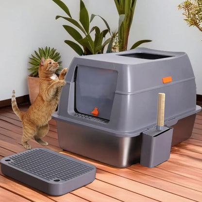 Large Covered Stainless Steel Cat Litter Box with Accessories
