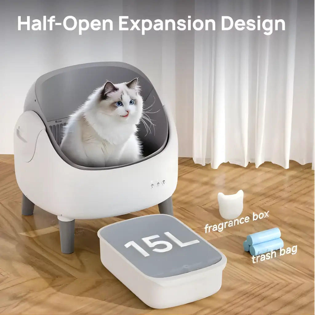 grey and white cat litter box with 15 L cleaning capacity
