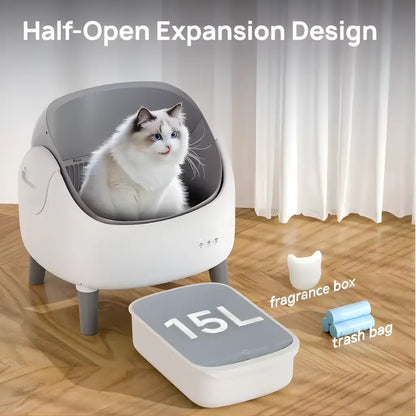 grey and white cat litter box with 15 L cleaning capacity