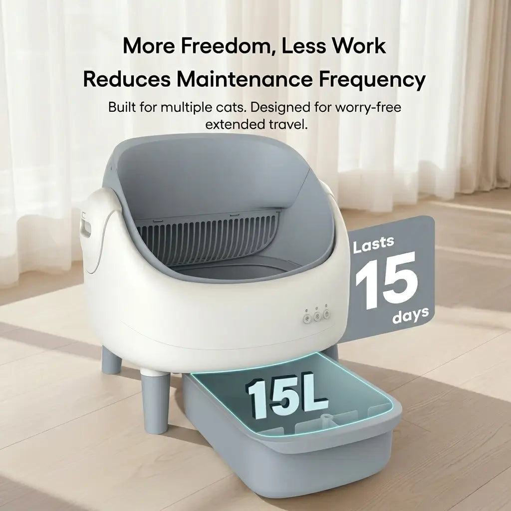 grey and white cat litter box with 15 L cleaning capacity