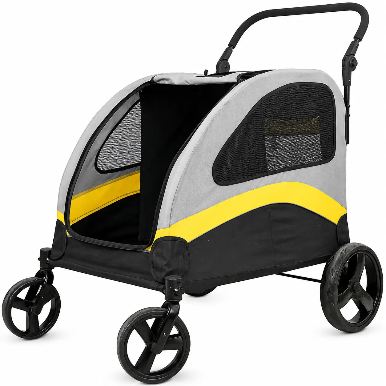 large Pet stroller with devider: gray, black, and yellow design on a white background