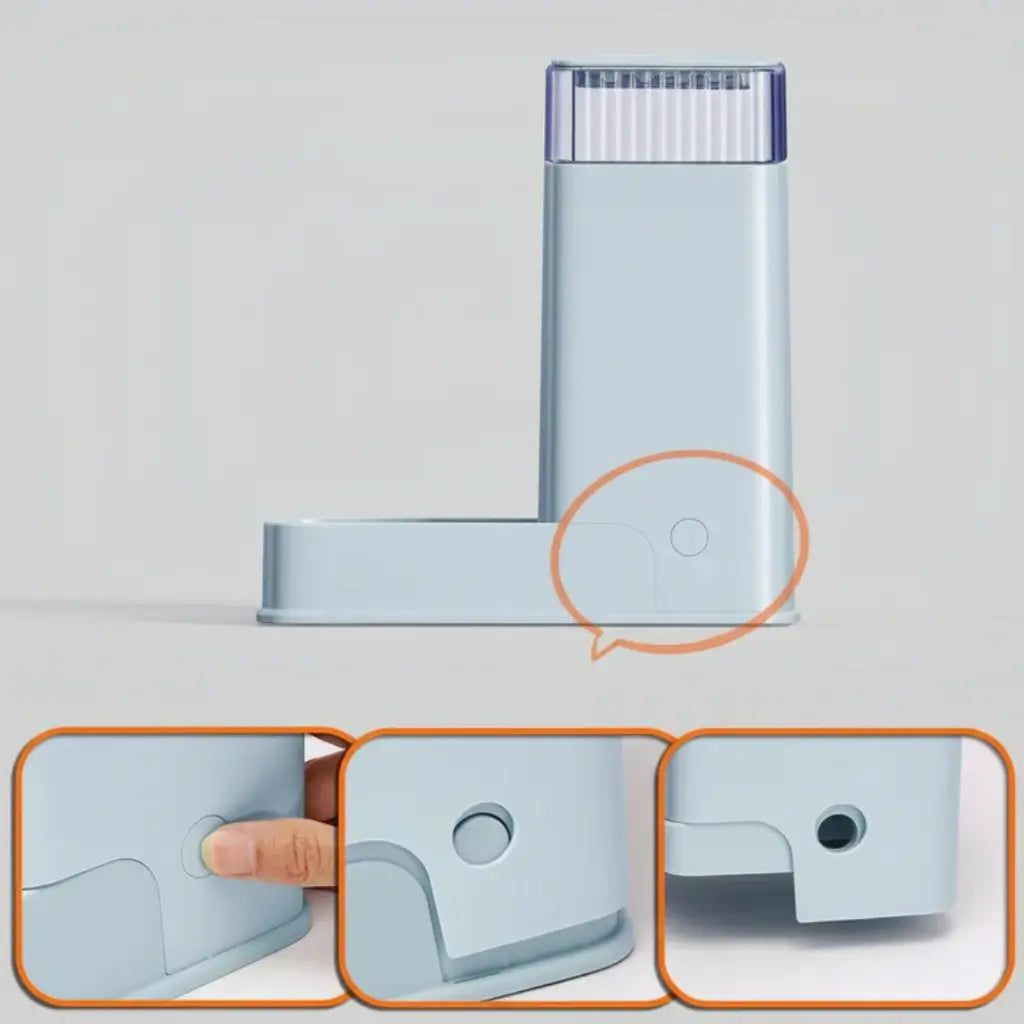 pet food dispenser with a circular disassembling button on a light gray background
