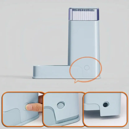 pet food dispenser with a circular disassembling button on a light gray background