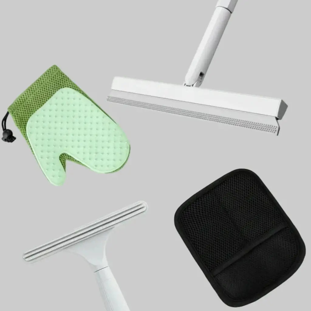 pet hair removal tools including a green mitt, squeegee, and black case on a light gray background