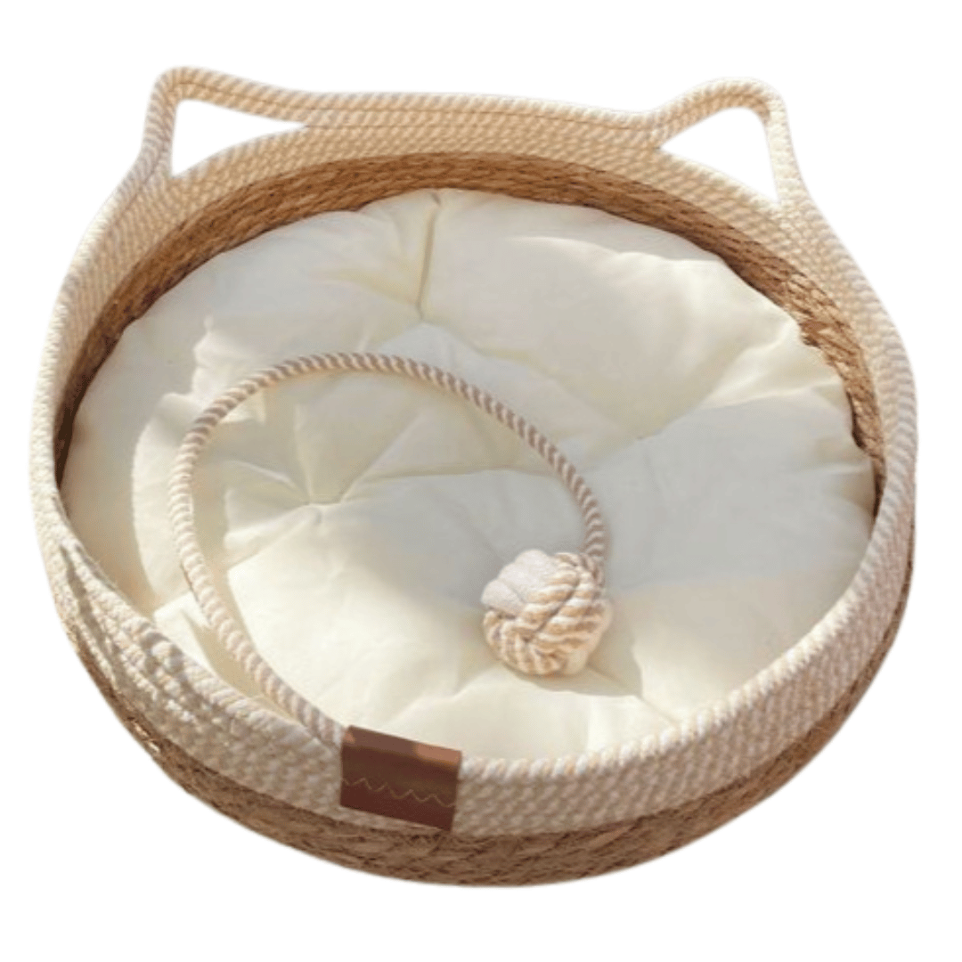 Natural Fiber Pet Bed Basket with Plush Cushion