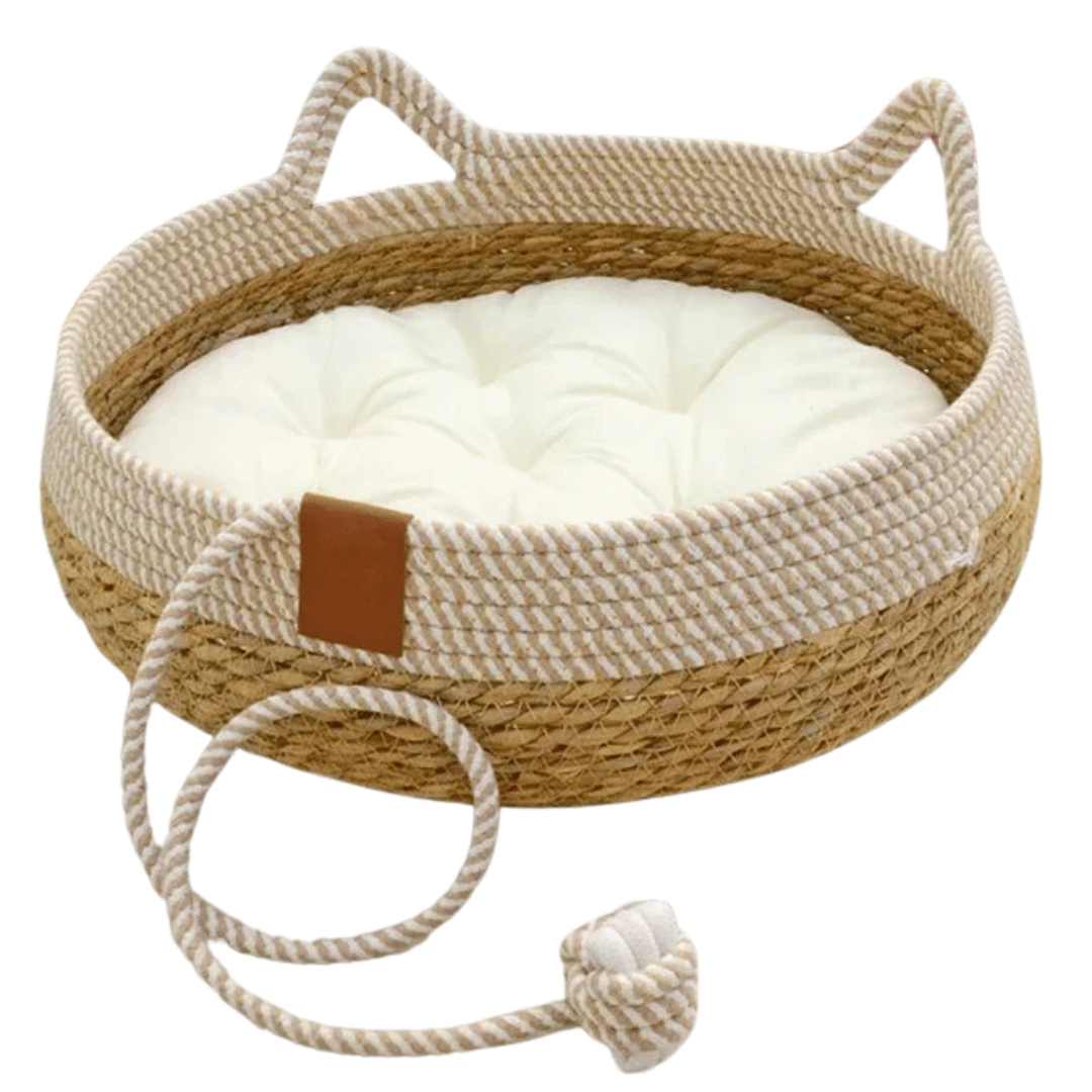 Natural Fiber Pet Bed Basket with Plush Cushion