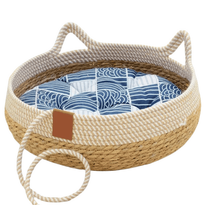 Natural Fiber Pet Bed Basket with Plush Cushion