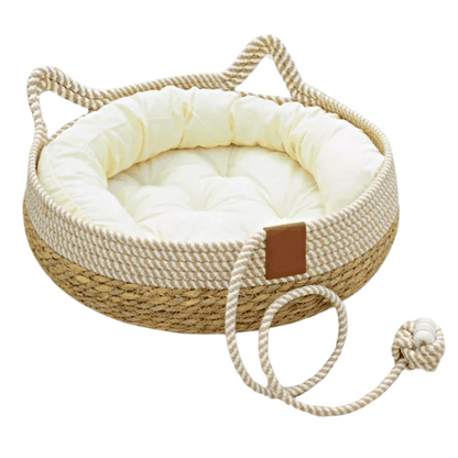 Natural Fiber Pet Bed Basket with Plush Cushion