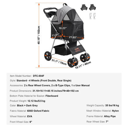 Portable Pet Stroller with Removable Storage Basket