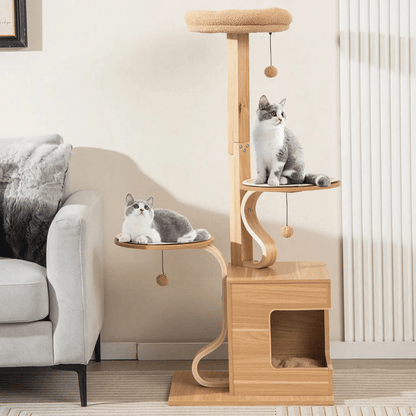 Large Wooden Cat Tower with Soft Perches & Hideaways