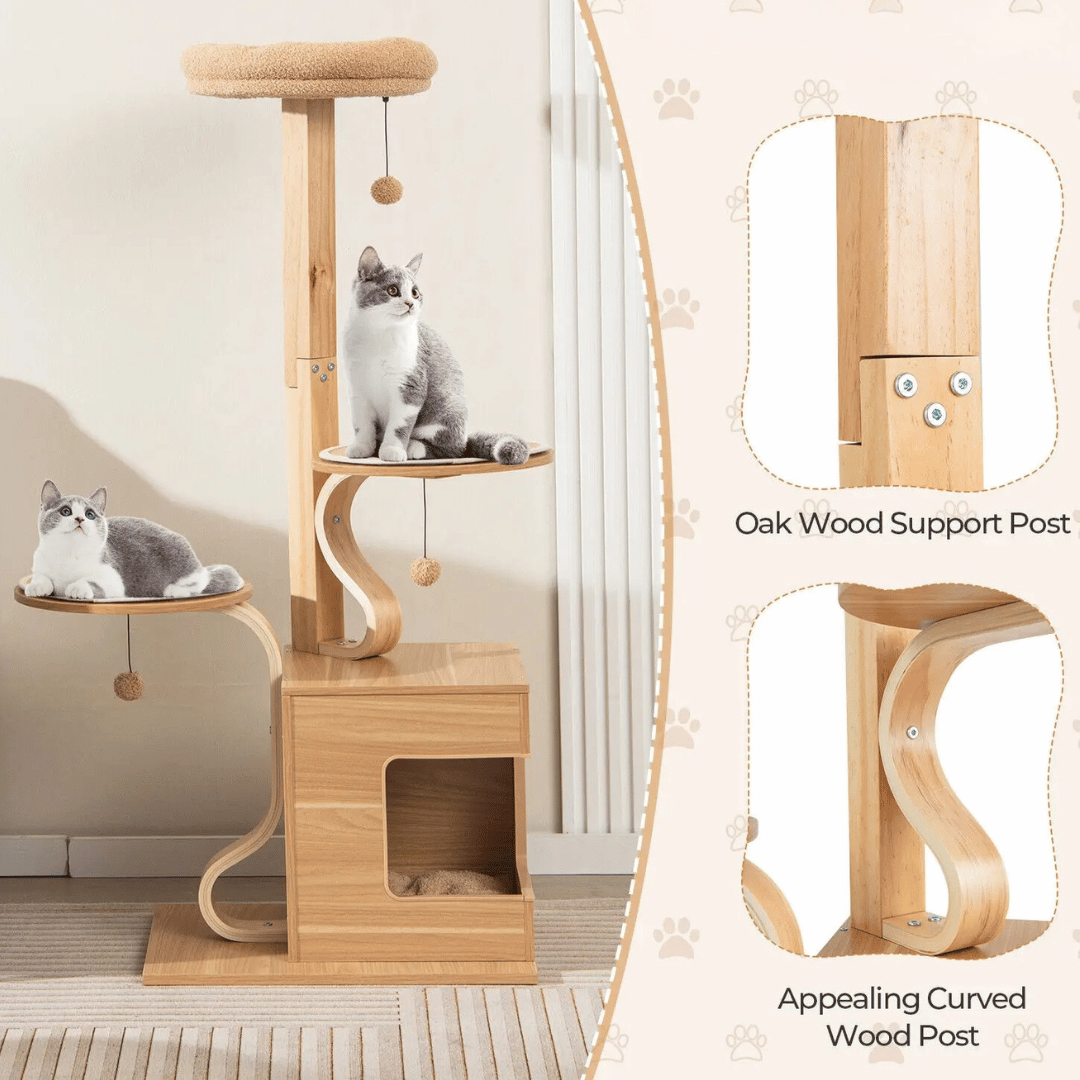 Large Wooden Cat Tower with Soft Perches & Hideaways