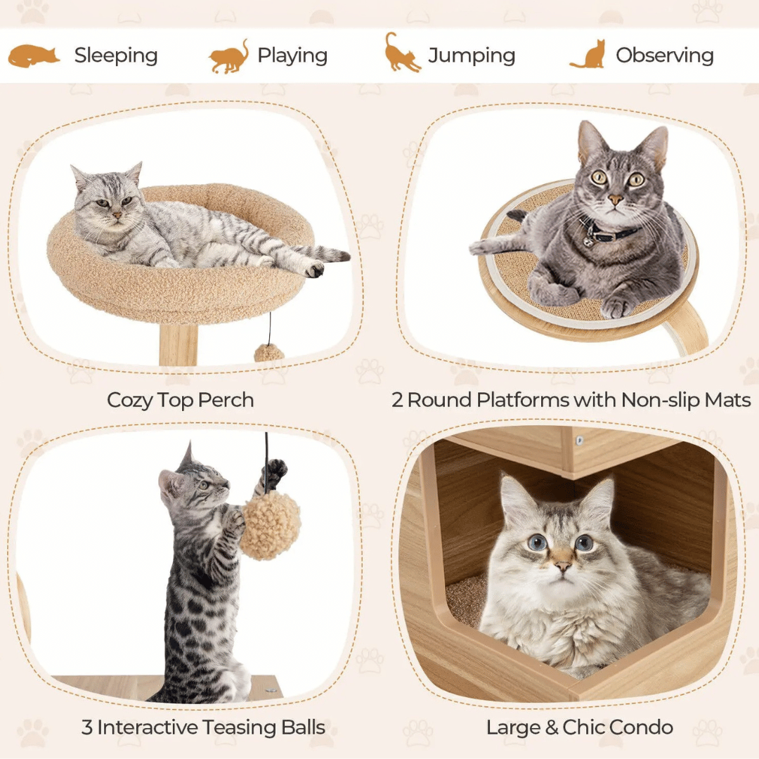 Large Wooden Cat Tower with Soft Perches & Hideaways