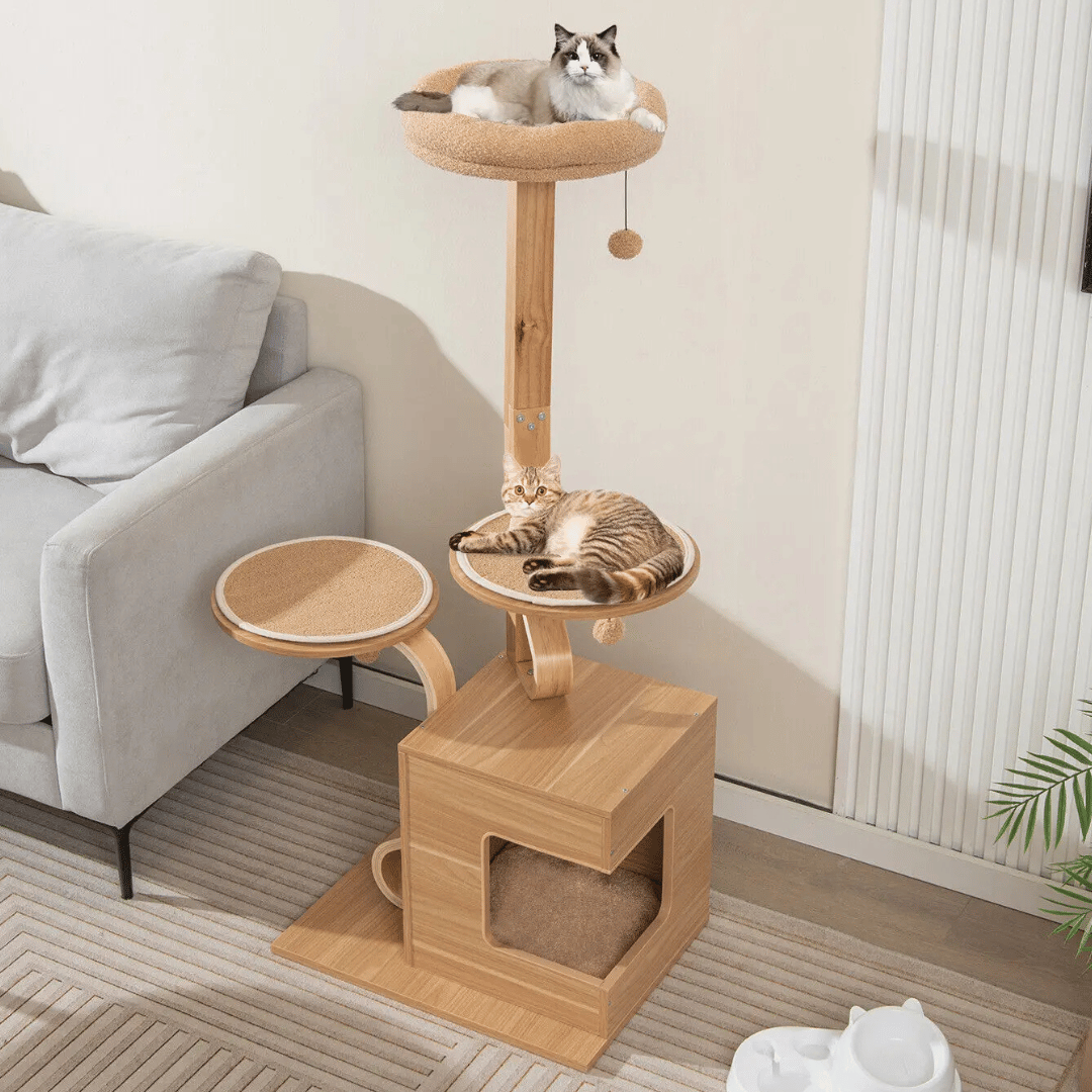 Large Wooden Cat Tower with Soft Perches & Hideaways